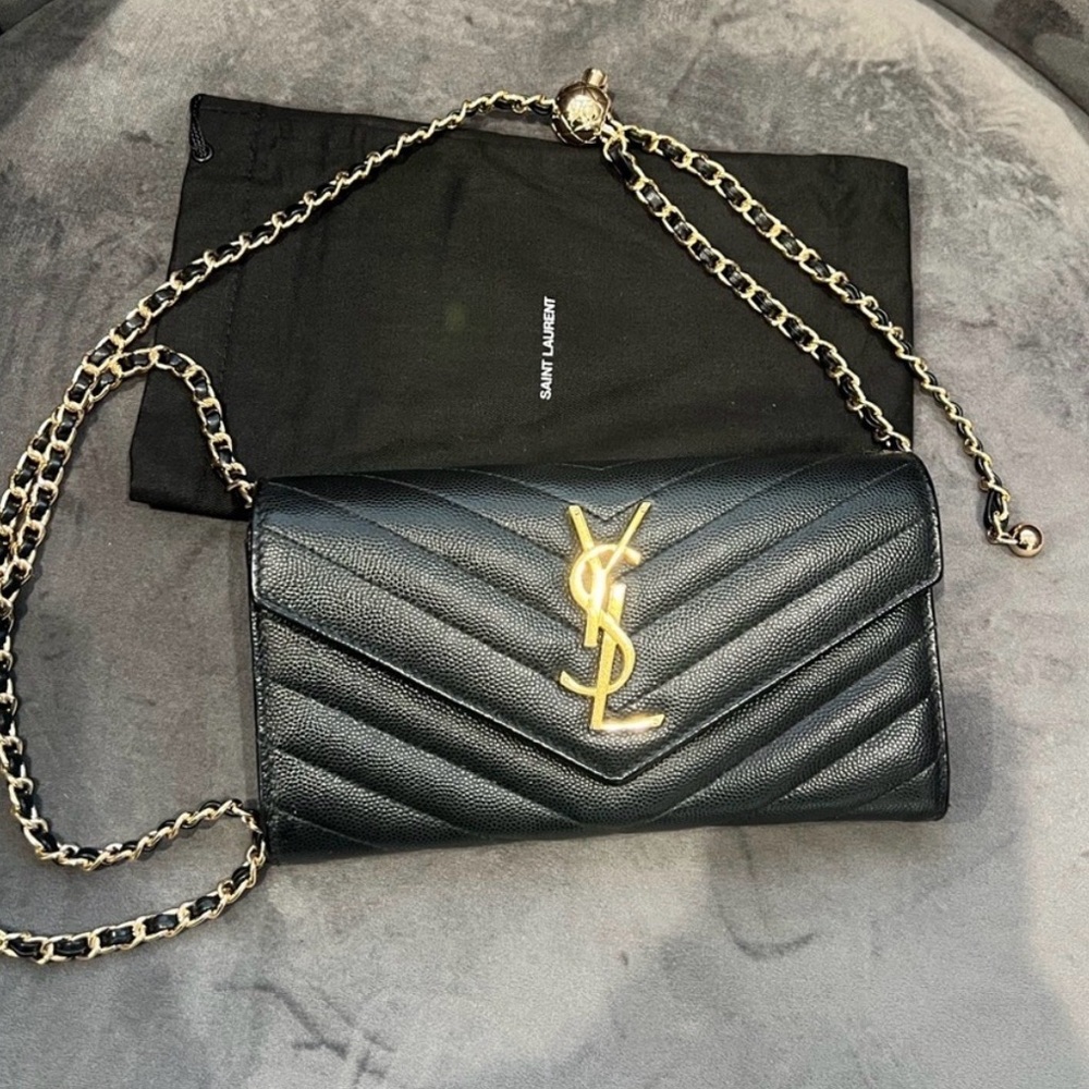 Black Yves Saint Laurent cassandre long flap wallet on chain gold - Picture 13 of 17